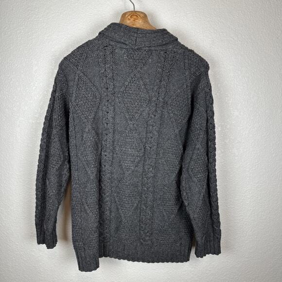 Aran Chunky Cable Knit Fisherman Cardigan Sweater Size M Gray Merino Wool Pocket - Picture 5 of 5